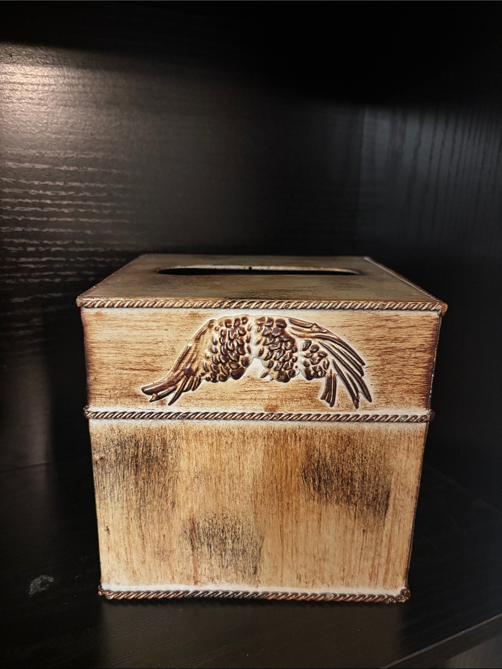 Decorative Winged Tissue Box Cover - Distressed Brown Metal